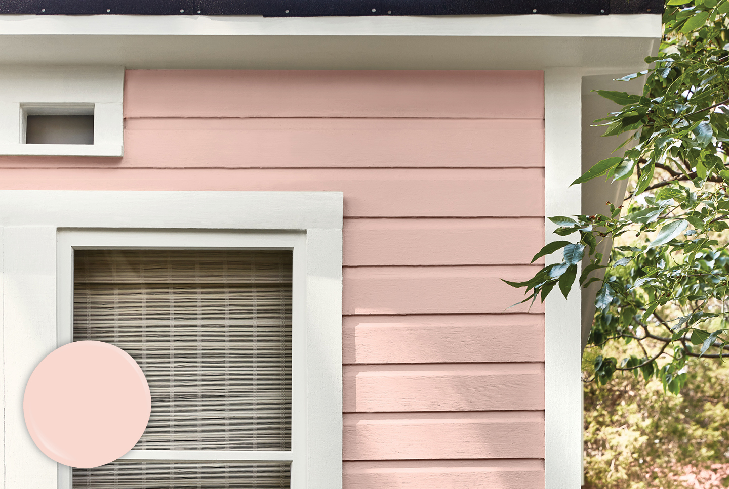 Corner of a home exterior featuring Scarlet Butter siding with white trim.