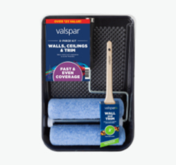Walls, Ceiling & Trim kit with two rollers, wall and trim angled brush and paint tray.