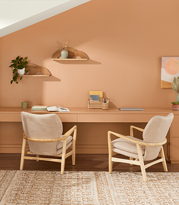 Room with a desk, two chairs, plants, art on a shelf and a bamboo-style bookcase.