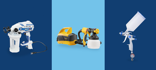 Three paint sprayers side-by-side within blue rectangles: airless, high volume low pressure and pneumatic sprayers.
